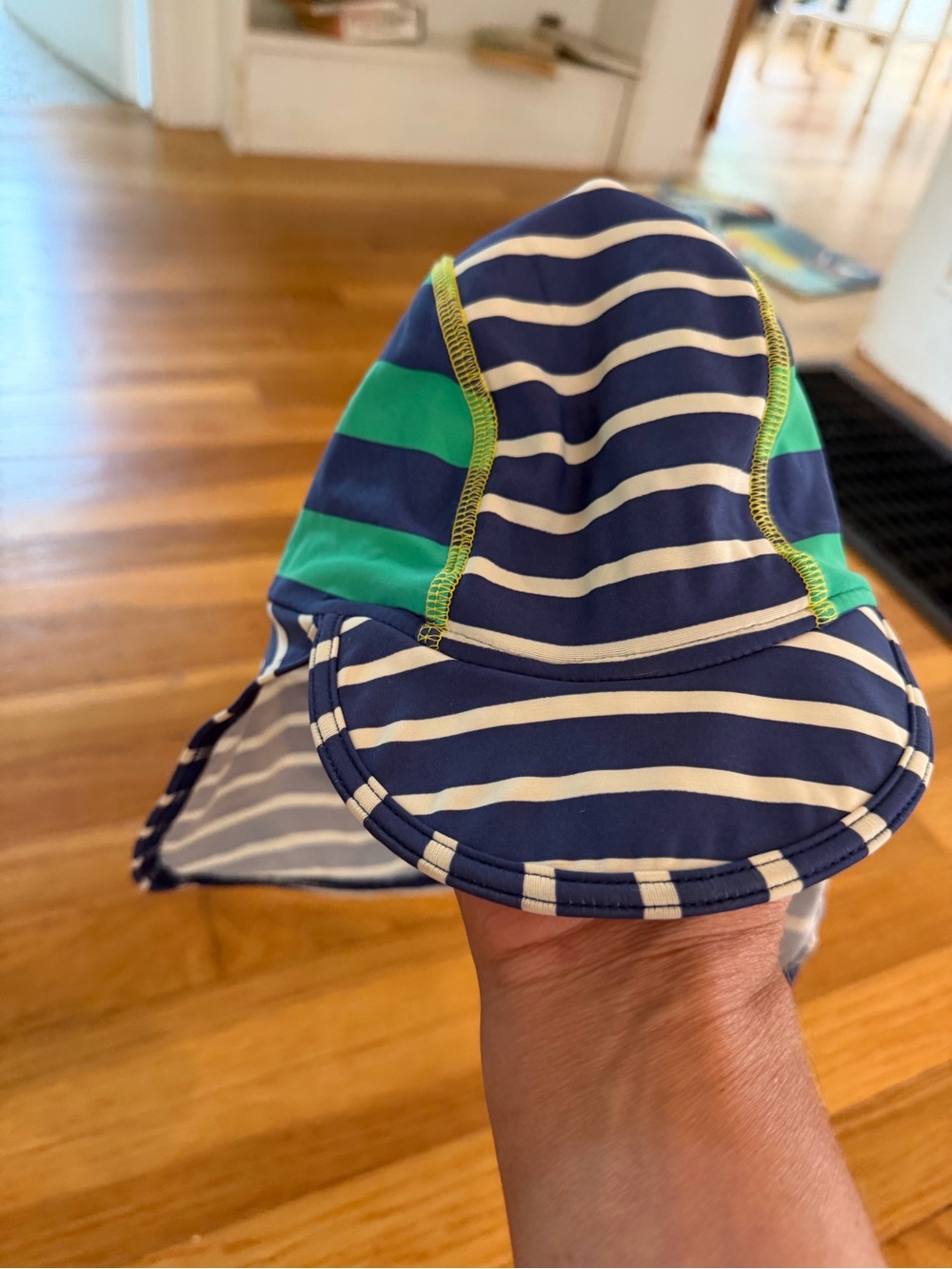 Baby Boden Navy and White Striped Swim Hat with Green Trim
